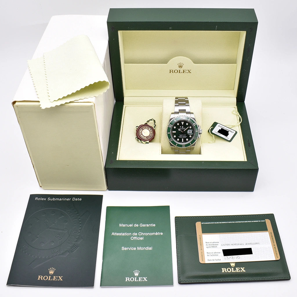 Rolex Submariner 40mm Box & Papers G Serial 116610LV Hulk 2010 Box & Papers, Serial no. G006776 – Pre-owned Watch | Wiseman's Watches