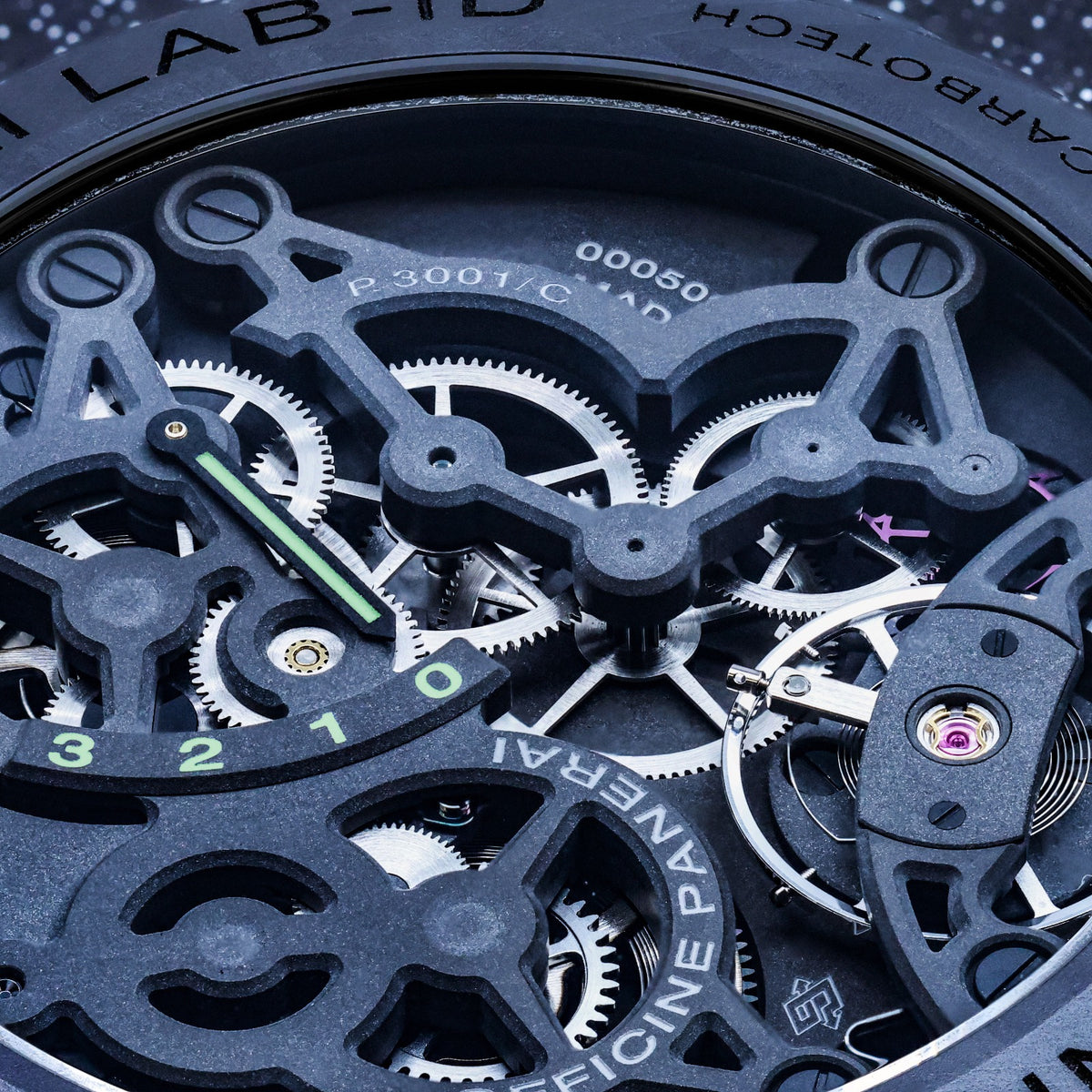 Close-up of a Panerai LAB-01 skeleton watch showing intricate mechanical gears, black case elements, and silver internal components.